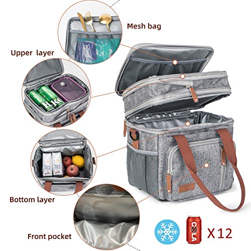 MOV COMPRA Adult Lunch Box for Work, Expandable Large Lunch Bags for Women Men, Leakproof Double Deck Lunch Box Cooler Tote Bag with Removable Shoulder Strap (Grey) - color: Gray