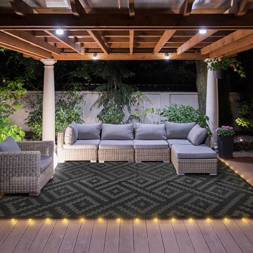 GENIMO Outdoor Rug with LED Strip Lights, 8'x10' Waterproof Camping Mat, Reversible Plastic Straw Rugs for Patio, RV, Camper, Balcony, Backyard, Picnic, Deck, Black & Gray - color: Black&gray | Led, size: 8' x 10' (Rectangular)