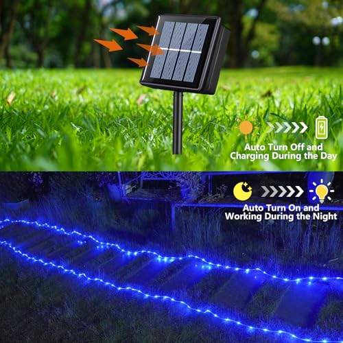 YEGUO Solar Rope Lights Outdoor Waterproof, 66ft 200 LED Blue String Lights, 8 Modes Fairy Lights in Clear Thin Tube - color: Blue