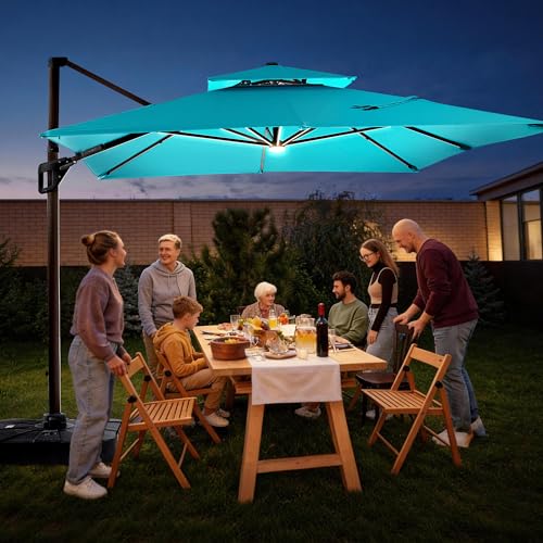 JZAC & QZYD 9x12 FT Outdoor Cantilever Patio Umbrella with LED Lights, Large Heavy Duty 2-Tier Aluminum Offset Umbrellas with 360-Degree Rotation for Pool Deck, Turquoise - color: Turquoise, size: 9'×12'