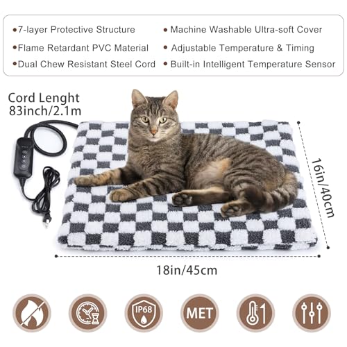 MIXJOY Heated Cat Bed, 11 Adjustable Temperature Cat Heating Pad Indoor with Timer, Pet Heating Pads for Cats Dogs, Electric Dog Heating Pad with Washable Cover, Heated Pet bed-18''x16'', Small - color: Grey, size: S (18"x16")