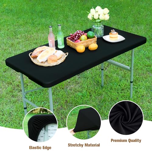 Fitted Rectangle Tablecloth 24 x 48 Inch Elastic Table Cloth for 4ft Table, Stretch Spandex Table Cover Black Washable Polyester Table Top Cap Cover for Dining Picnic Camping Indoor and Outdoor - color: Black, size: 48" x 24" (Rectangular)