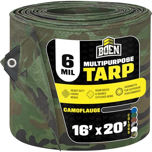Multi-Purpose Large Tarp Waterproof Cover | Camo, 16' x 20' 6 Mil Thick | Rip Proof Tarps | Thick Weave Material, UV Resistant Great for Tarpaulin Canopy Tent, Boat, RV or Pool Cover - color: Camo - 6 Mil, size: 16' x 20'