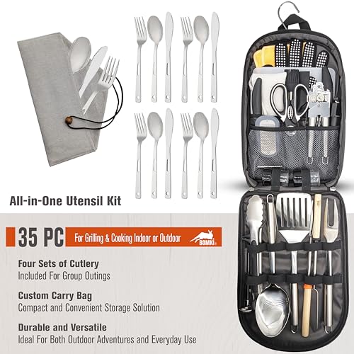 BOMKI Grilling and Camping Cooking Utensils Set for The Outdoors BBQ - Camping Utensil Set Kitchen Set Cookware Accessories Glamping Essentials Camp Stuff Camp Cooking Set (Black Pro) - style: Black Pro