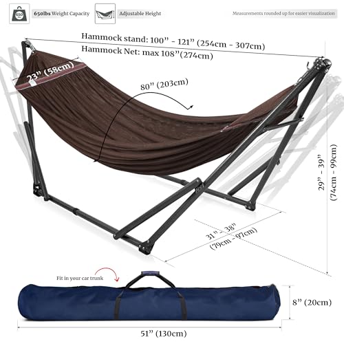 Tranquillo Universal Double Hammock with Stand Included for 2 Persons/Foldable Hammock Stand 600 lbs Capacity Portable Case - Inhouse, Outdoor, Camping, Brown - color: 1. Brown