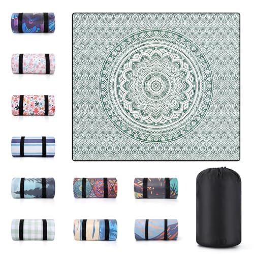 80x80" Extra Large Picnic Blankets Waterproof Sandproof Couple Outdoor Beach Blanket Foldable Grass Park Lawn Concert Mat Summer Camping Essentials Rv Travel Vacation Accessories Festival Gift - color: Green Mandala, size: 6'8" x 6'8" (Square)
