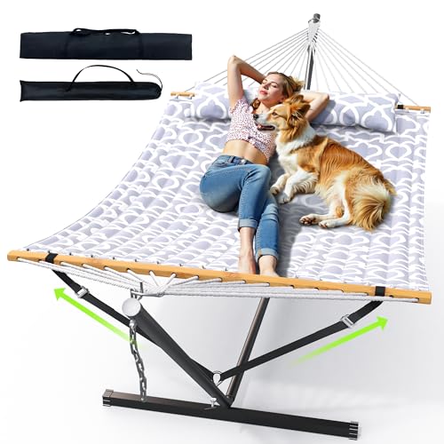 ANAGOO Double Hammock with Stand, Heavy Duty Outdoor Hammock for Two, 500 LBS Capacity, Stable Steel Frame with Balance Strap, Easy Tool-Free Assembly for Patio, Garden, Backyard & Beach,White Grey - color: White Grey(with Stand)