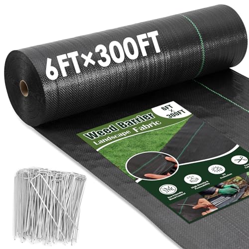 6FT x 300FT Weed Barrier Landscape Fabric Heavy Duty, Woven Geotextile Weed Blocker Fabric with 120 U-Shaped Securing Pegs, Weed Control Mats Ground Cover for Garden Beds, Commercial Driveway - size: 6FT x 300FT