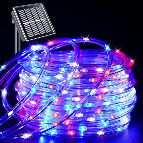 YEGUO Solar Rope Lights Outdoor Waterproof, 66ft 200 LED Red White and Blue Lights, 8 Modes Fairy Lights in Clear Thin Tube for Indoor Independence Memorial Day - color: Red White Blue