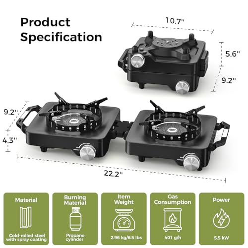 MoKo Propane Camping Stove 2 Burner, 36,000 BTU Infrared & Open Flame Hybrid, Windproof Folding Portable Outdoor Gas Cooking Kit with Frying Pan & Carry Bag For RV, Tailgating, Survival, Black - color: Black