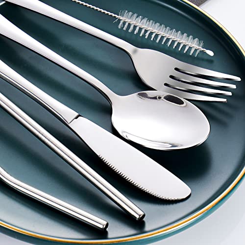 Portable Utensils Set with Case, 4pcs Stainless Steel Reusable Silverware for Lunch Camping School Picnic Workplace Travel, Lunch Box Includ Fork Spoon Knife,Easy to clean,Dishwasher Safe(Black) - color: Blue