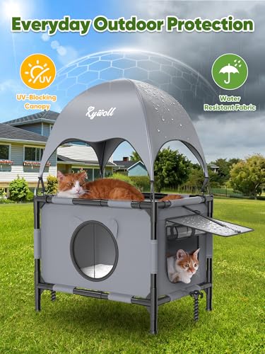 Rywell Outdoor Cat House Elevated 2-Tier Outdoor Cat Shelter with Canopy, Multi-Level Raised Platform, Outside Cat House with Breathable Mesh & Reversible Pad for Multiple Cats