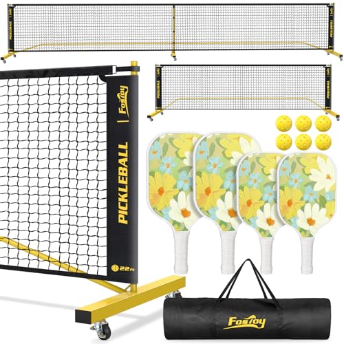 Pickleball Net Set with 4 Fiberglass Paddles, Portable Pickleball Set with 4 Fiberglass Paddles, 6 Balls & Carry Bag, Easy Setup for Driveway, Garage, Kids & Adults - style: 22ft & 11ft Net With 4 Fiberglass Paddles