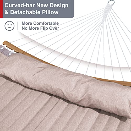 Double Hammock with 12 FT Stand, 2 Person Curved Bar Hammock with Stand, Pillow and Portable Carrying Bag, Heavy Duty 450lbs Capacity, Tan - color: Tan
