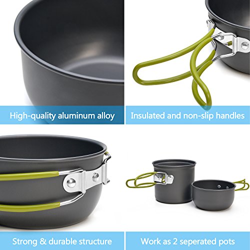 Odoland Camping Cookware Stove Carabiner Canister Stand Tripod and Stainless Steel Cup, Tank Bracket, Fork Spoon Kit for Backpacking, Outdoor Camping Hiking and Picnic - color: Green