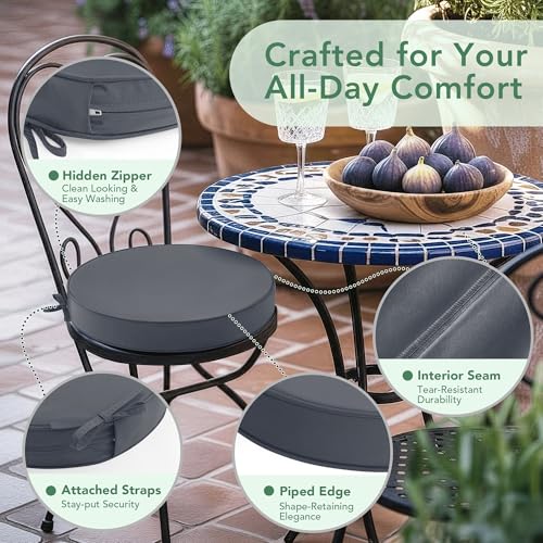 Summsun Outdoor Bistro Chair Cushions Set of 4, 15" D x 3" H Round Chair Cushions Waterproof and Fade Resistant Chair Cushion Pads with Non-Slip Ties and Removable Covers for Garden, Dark Grey - color: Dark Grey, size: 15x3 Inch (Round)-4p