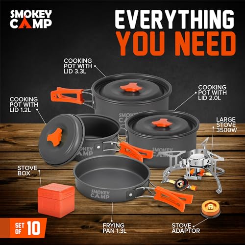 Smokey Camp Camping Cookware Mess Kit Set with Stove - Backpacking Camping Pots and Pans Set, All in One Non-Stick Camping Cooking Set, Portable Stove, Hiking, Picnic, Outdoor & Camping Cookware Set - style: 1.2+2.0+3.3 Liter Pot