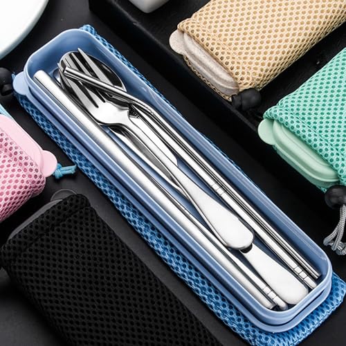 Travel Utensils with Case, Cutlery Set Portable Camp Reusable Flatware Silverware, 7 Pcs Stainless Steel Reusable Cutlery Set, Include Fork, Spoon, Knife, Chopsticks, 2 x Straws & Straw Cleaner Brush - color: Blue