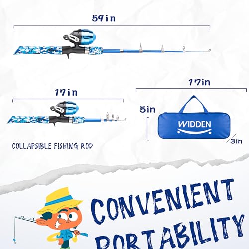 WIDDEN Kids Fishing Pole, Portable Telescopic Kids Fishing Poles for Boys and Girls, Fishing Rod and Reel Combo Kit with Tackle Box, and Fishing Net, Best Fishing Pole for Toddler Youth - color: Blue+Pink