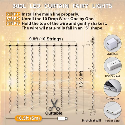 HXWEIYE 300LED Fairy Curtain Lights, 9.8x9.8Ft USB Plug-in 8 Modes Christmas String Hanging Lights with Remote for Bedroom Backdrop Wedding Indoor Wall Decor, Warm White, Standard – 1 Pack - color: Warm White, size: Standard – 1 Pack