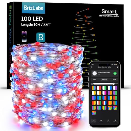 BrizLabs Smart July 4th Lights, 33ft 100 LED Red White Blue Fairy Lights Work with Alexa/Google Home, WiFi Xmas Light Dimmable RGB Color Changing Twinkle Starry Light for Xmas Home Party Halloween - color: 100 LED Smart (Silver Wire)