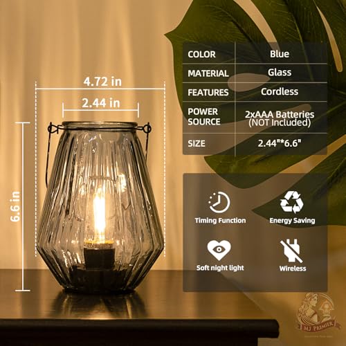Battery Operated Lamp Hanging,Cordless LED Table Lamp with Timer, Decorative Lantern Lights Outdoor Indoor Decor for Patio/Home/Hallway/Deck/Spareroom/Bedroom/Tabletop/Fireplace/Vintage Style (Blue) - color: Blue