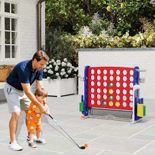 Costzon Giant 4-in-A-Row Connect Game, Height Adjustable 4-in-1 Jumbo 4-to-Score Yard Game with Golf, Ring Toss, Basketball, Cup Holder & Mesh Net, Indoor Outdoor Game for Kids Adults Family Party - color: Red/Blue