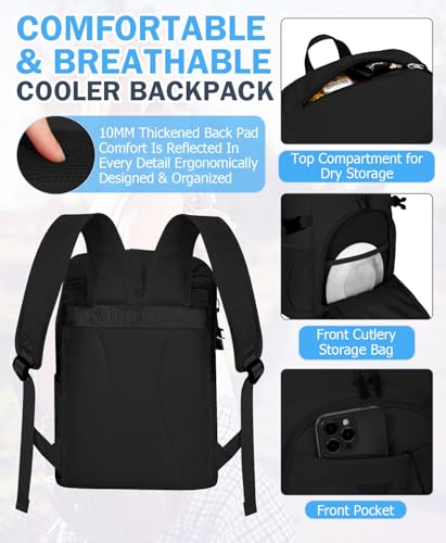 Cooler Backpack, 22L Waterproof Soft Backpack Coolers Leak Proof Beach Backpack Insulated Picnic Lunch Bag for Fishing Camping,Beach,Hiking,Travel - color: Black