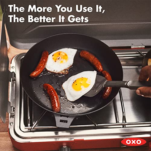OXO Outdoor Pre-Seasoned Carbon Steel 8" Frying Pan Skillet, Detachable Handle for Easy Storage, Indoor Use, Nonstick with Use, Induction Suitable, Oven & Broiler Safe,Browning, Grill,Sear,Saute,Black - size: 8" Frying Pan Skillet Set