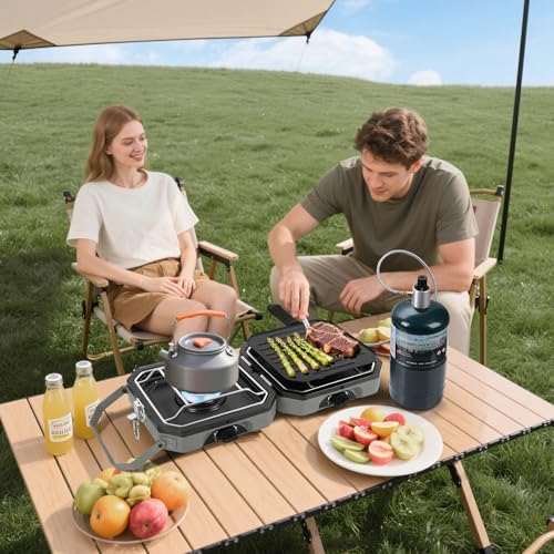 Adjustable 2-Burner Portable Stove with 16000 BTU, with Camping Grill and Carrying Bag, Portable Propane Camp Stove with 2 Burners & Piezo Ignition for Camping, Backyard BBQ,Tailgating (Green) - color: Green