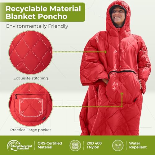 ATEPA Wearable Sleeping Bag, Recycled Water-Resistant Camping Blanket Poncho, Ultralight Packable Stadium Blanket for Outdoor - color: Red