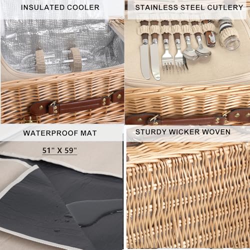 Multifunctional Wicker Picnic Basket Set for 2 with Blanket and Picnic Table, Insulated Picnic Set with Full Tablewares for Camping Outdoor Couples,Natural - color: Natural With Blanket &Table for 2