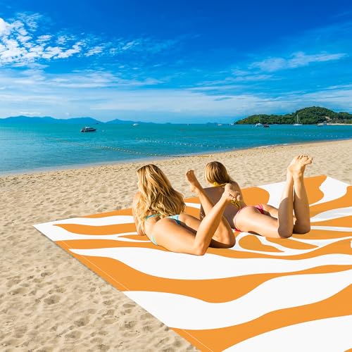 110''×118'' Waterproof Sandproof Beach Blanket 8 Adults, Sand Free Boho Sun Outdoor Beach Mat with 4 Stakes, Extra Large Compact Picnic Pockets Blanket Essential for Travel, Camping, Summer Vocation - color: Sun Quicksand, size: 9x10 FT (1～8 person)