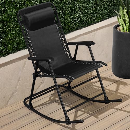 Best Choice Products Outdoor Zero Gravity Rocking Chair, Folding Reclining Patio Lounge Chair with Adjustable Pillow for Lawn, Beach, Camping - Black - color: Black