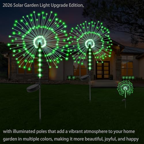 2 Pack 250LED Solar Garden Lights Outdoor, Dual Lighting Modes Firework Lights Solar Powered, Waterproof Twinkle Fairy Light Outside for Yard Patio Pathway Christmas Party Decorative(Green) - color: Green 02