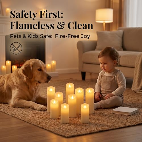 Enido 9pcs Flameless Candles with Remote, 2.2" x 5/6/7" Heat-Resistant Plastic LED Pillar Candles, Battery Operated Moving Wick Fake Candles with Timer, Realistic for Wedding, Outdoor, Home Decor - color: Cream