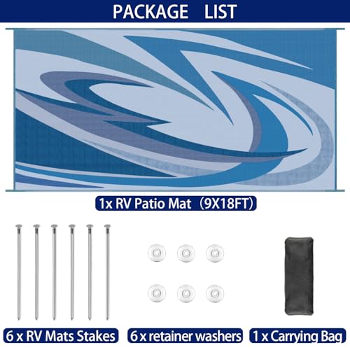 EEZ RV Products 9'x18' Heavy Duty Reversible/Durable Outdoor Patio/RV Mats Come with Large Storage Bag & 6 Sets of Stakes and Washer (Wave Blue) - color: Wave Blue, size: 9' x 18' (Rectangular)