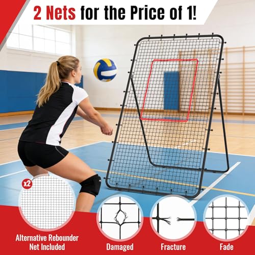 Suteck 7x4ft Volleyball Rebounder Net 2-Net System, 5-Angle Adjustable & Ultra-Durable Trainer for Spike, Serve, Passing & Solo Practice, Includes Storage Bag for Easy Travel & Portability - color: Black