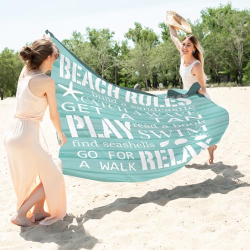 Beach Rules Pocket Picnic Blankets, Blue Seashell Coastal Mini Beach Camping Blanket Waterproof Sandproof, Rustic Sea RV Outdoor Picnic Blanket Mat Gifts for Camper Campsite Travel 55x60in - color: Rules