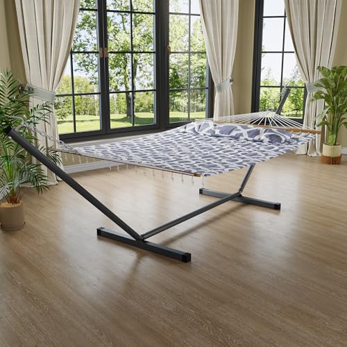 GarveeLife 57" 2 Person Outdoor Hammock, Widening Design Cotton Hammock with Metal Stand, Heavy Duty Construction, 450 LBS Weight Capacity, Light Grey - color: Light Grey