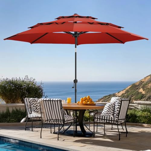 wikiwiki 10ft 3-Tier Patio Umbrella Outdoor Table Market Umbrella for Patio with Push Button Tilt/Crank, Fade Resistant Waterproof POLYESTER Canopy for Garden, Lawn, Deck, Backyard & Pool, Red - color: Red, size: 10 FT