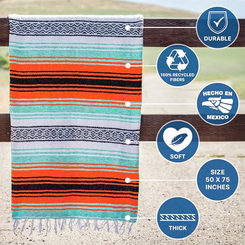 Benevolence LA Authentic Handwoven Mexican Blanket | Yoga Blankets, Outdoor, Picnic, Beach, Camping | Equestrian Saddle | Serape 50x70 inches - Bright Mandarin, Pack of 1 - color: Bright Mandarin