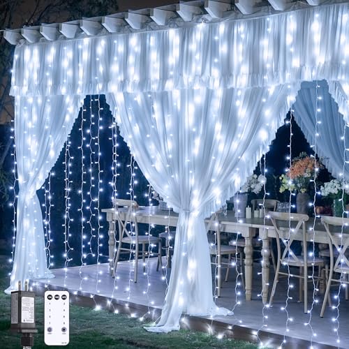 JMEXSUSS 300 LED 9.8x9.8Ft Curtain Lights Indoor with Remote, White Christmas Lights Plug in, 8 Modes White String Lights for Bedroom Wall Wedding Reception Dorm Party Backdrop Window Outdoor Decor - color: White, size: 300 LED