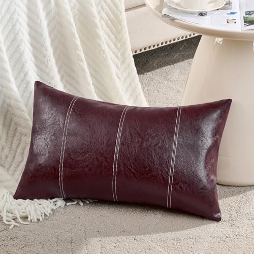 Fancy Homi 2 Packs Burgundy Lumbar Faux Leather Decorative Throw Pillow Covers 12x20 Inch for Outdoor Couch Bed, Modern Farmhouse Boho Home Decor, Wine Red Hand Stitched Cushion Case 30x50 cm - color: Burgundy, size: 20" x 12" (Pack of 2)