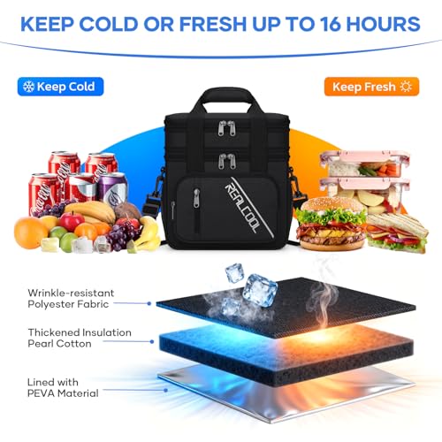 RealCool Lunch Bag, Insulated Lunch Box for Men Women, Double Deck Leakproof Soft Cooler Bag with Adjustable Strap, Reusable Lunchbox for Work, Travel, Camping (Black) - color: Black