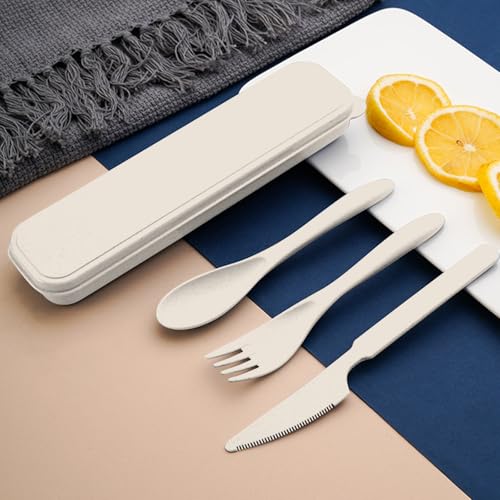 Reusable 3-in-1 Camping Utensil Set with Storage Case - Portable Travel Cutlery for Outdoor, Picnic, and Everyday Use - color: Beige