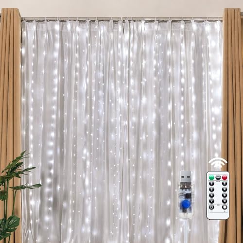Brightown 300 LED Fairy Curtain Lights, 9.8ft x 9.8ft String Lights, USB Plug in 8 Lighting Modes Christmas String Hanging Lights with Remote for Bedroom Indoor Outdoor Party Xmas White 1 Pack - color: White, size: 1 Pack-300 LED