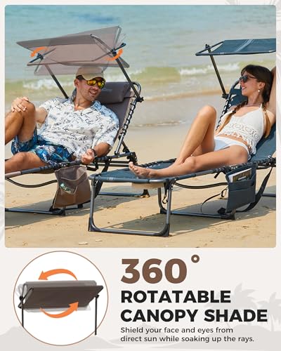 KingCamp Tanning Chair with Face Hole, Lounge Chairs Outdoor Folding Comfy Adjustable 5-Position Foldable Chaise Chaser with Canopy Shade for Outside Beach Patio Sun Bathing, Beige - color: C*skyshade Canopy——beige Canopy, style: oversized