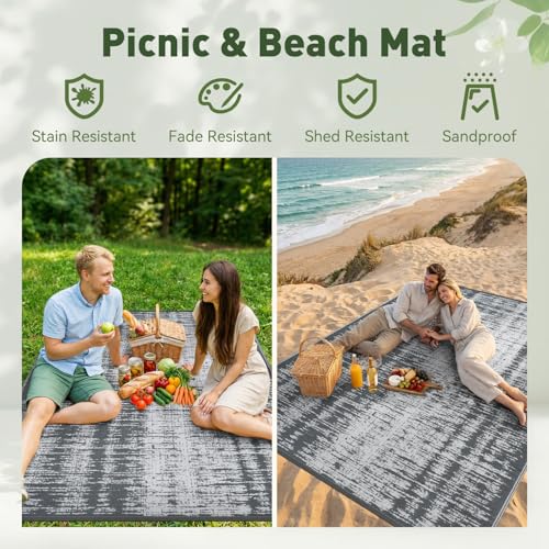 MontVoo Outdoor Rug Waterproof 8x10 ft Outdoor Carpet Patio Rug Mat Reversible RV Camping Rug Plastic Straw Outside Rug for Balcony Porch Deck Picnic Beach Modern Grey - color: Grey, size: 8' X 10' (Rectangular)