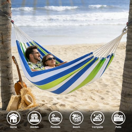 Lazy Daze Hammocks Double Brazilian Cotton Hammock, Extra Large Portable Outdoor Camping Hammock with Tree Straps & Travel Bag for Backyard Patio Poolside Indoor, 550lbs Capacity, Blue & Light Green - color: Blue & Light Green